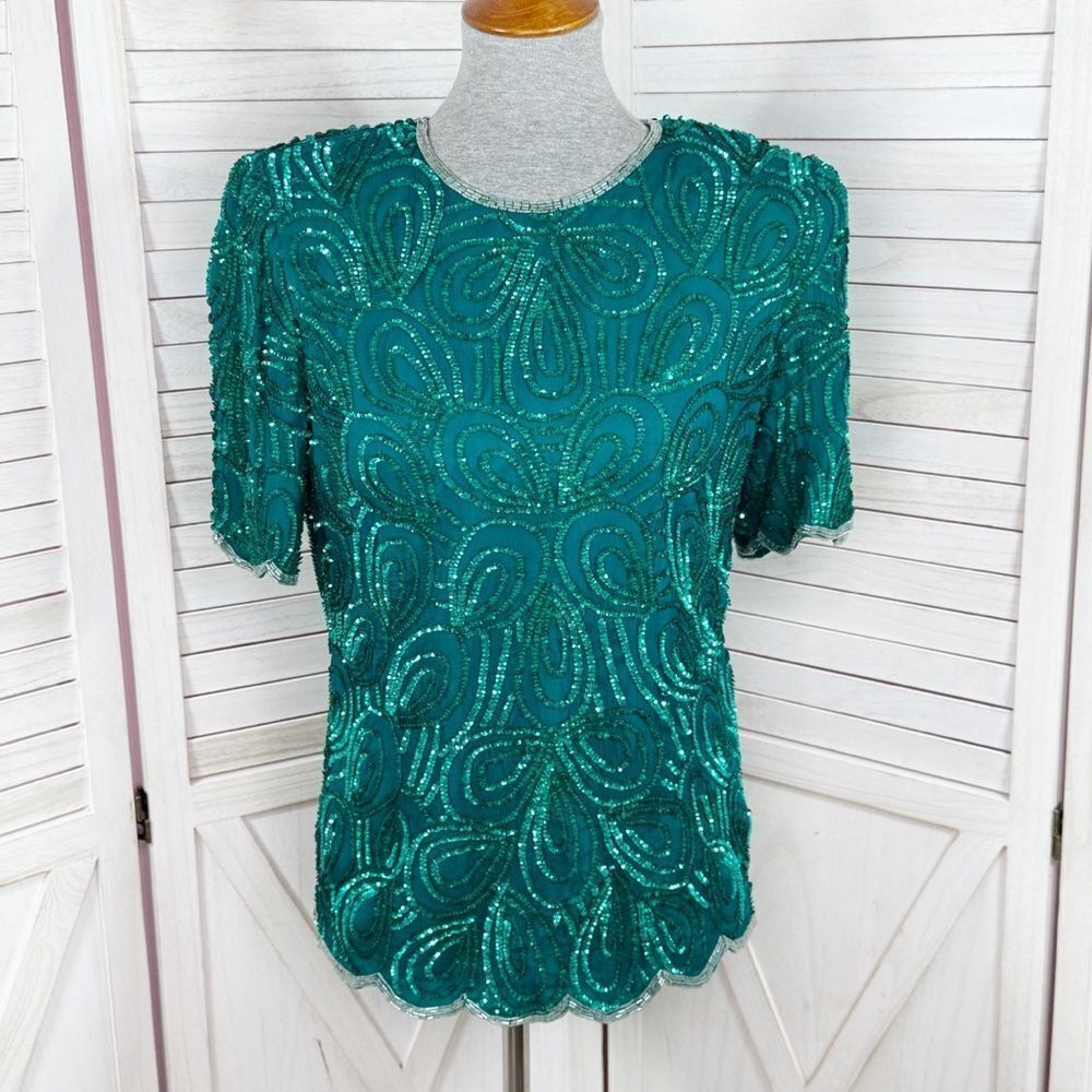 Vintage Denise Elle Silk Sequin Beaded Short Sleeve Top Teal Green Silver Small